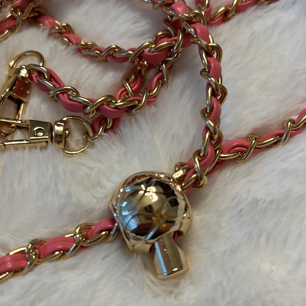 Chain for Wallet to Bag GOLD tone pink leather with Gold ball adjustable chain